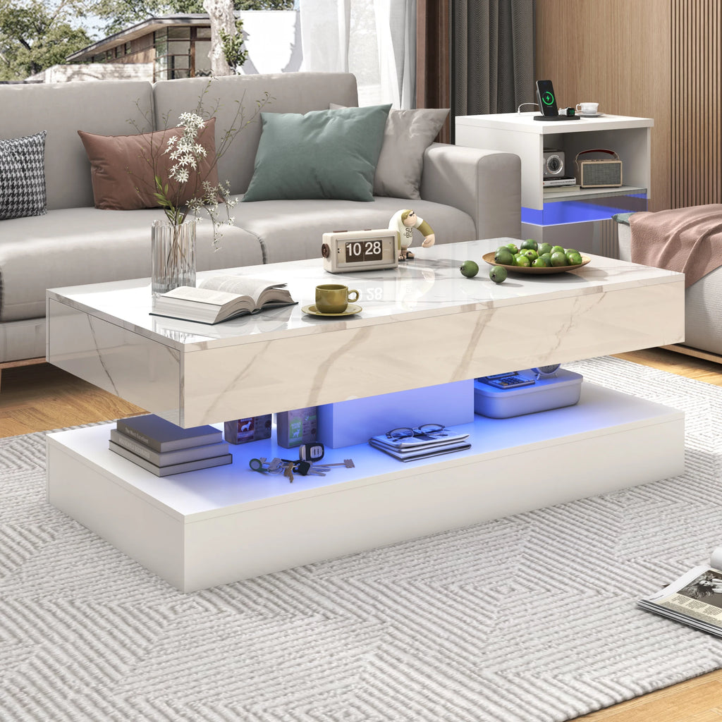 Modern Coffee Table, LED lights, Double-Layer Design