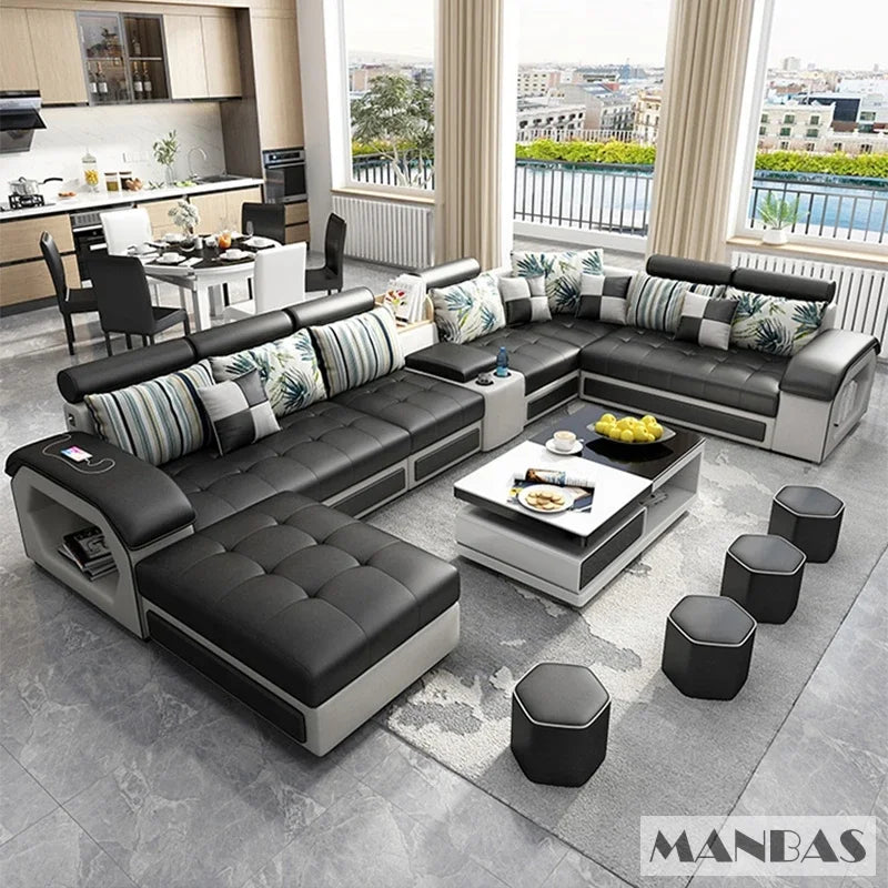 Fabric Sofa Set Furniture, Living Room Sofa Set, with USB and Stools / Big U Shape Cloth Couch Sofas for Home Furniture