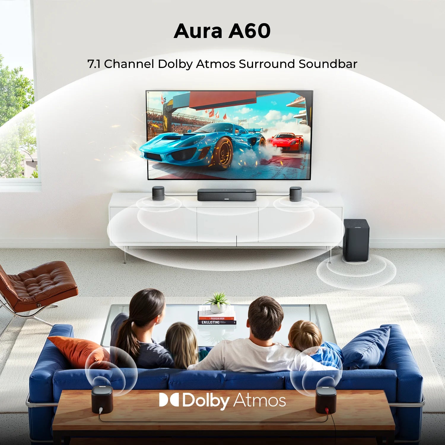 ULTIMEA Aura A60 7.1ch Sound Bar with Dolby Atmos Surround Sound System for TV with 4 Black Surround Speakers for Home Theater