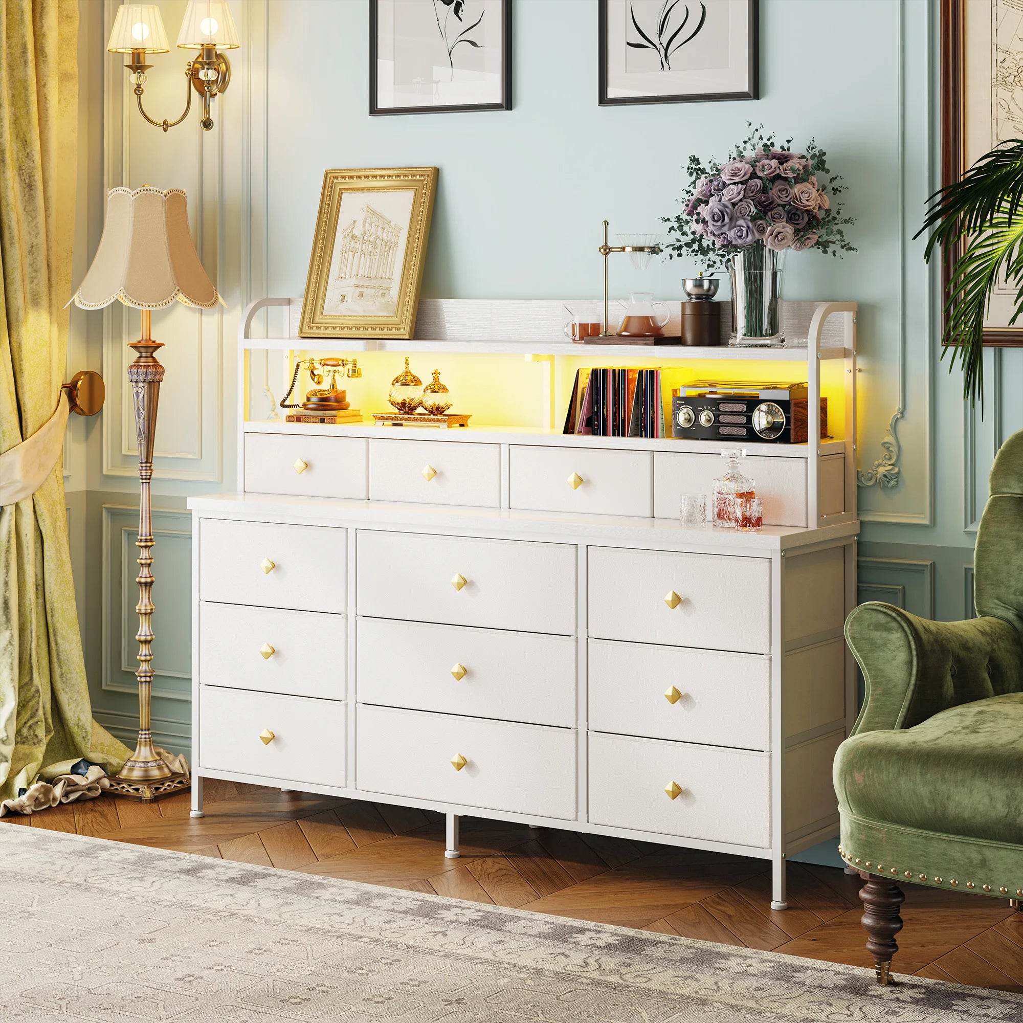 13 Drawer Fabric Dresser with LED Lights and Shelves