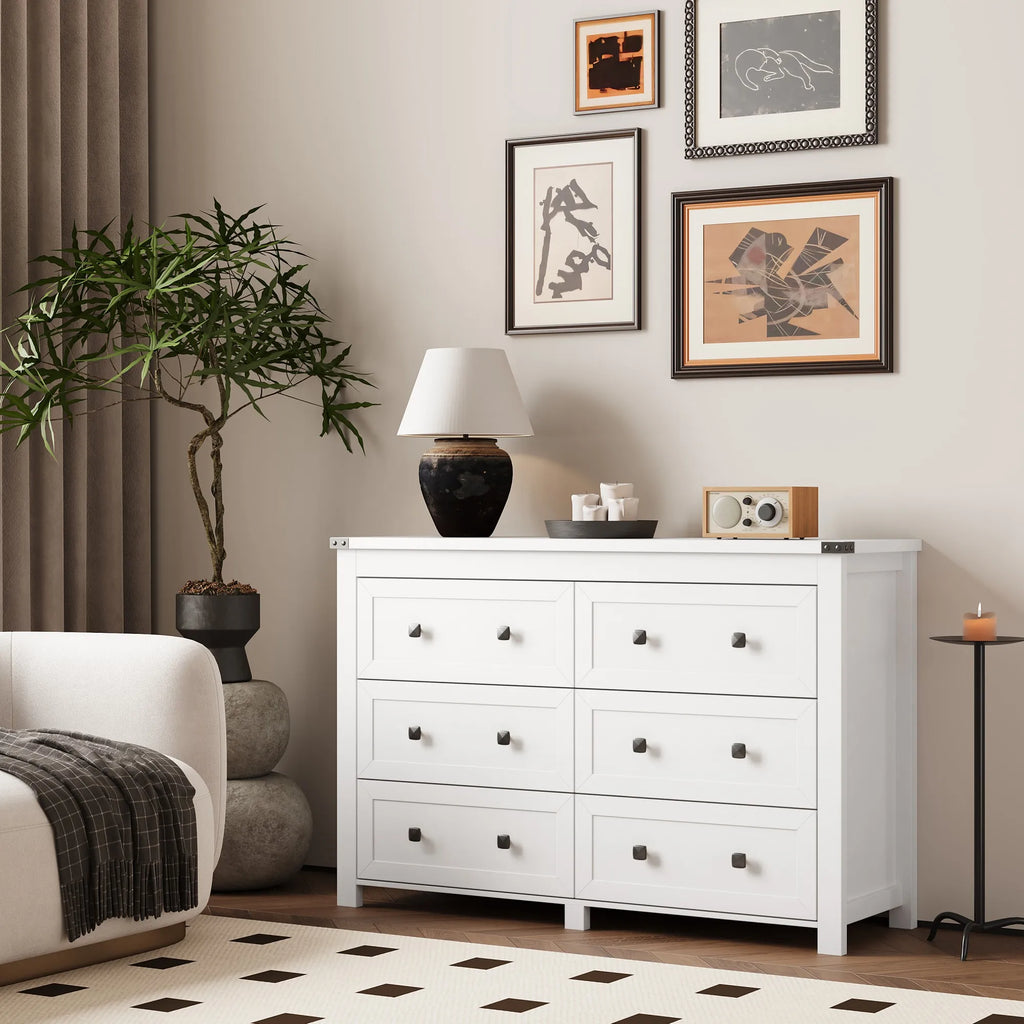Wood 6 Drawer Dresser, 47" Wide Modern Double Chest of Drawers