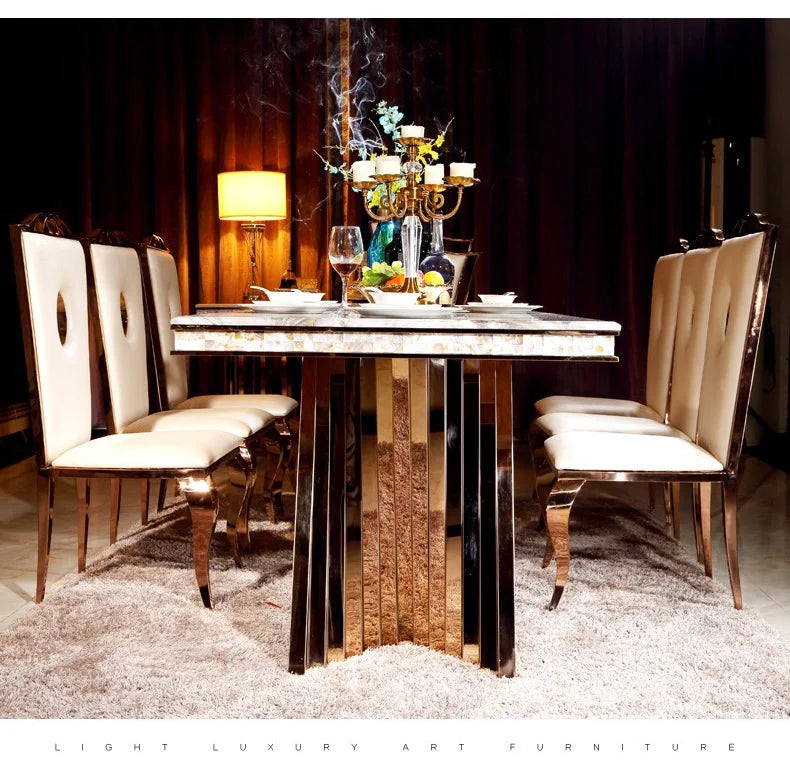 Luxury Dining Set: 6 Stainless Leather Chairs and Rectangle Marble Sea Shell Table