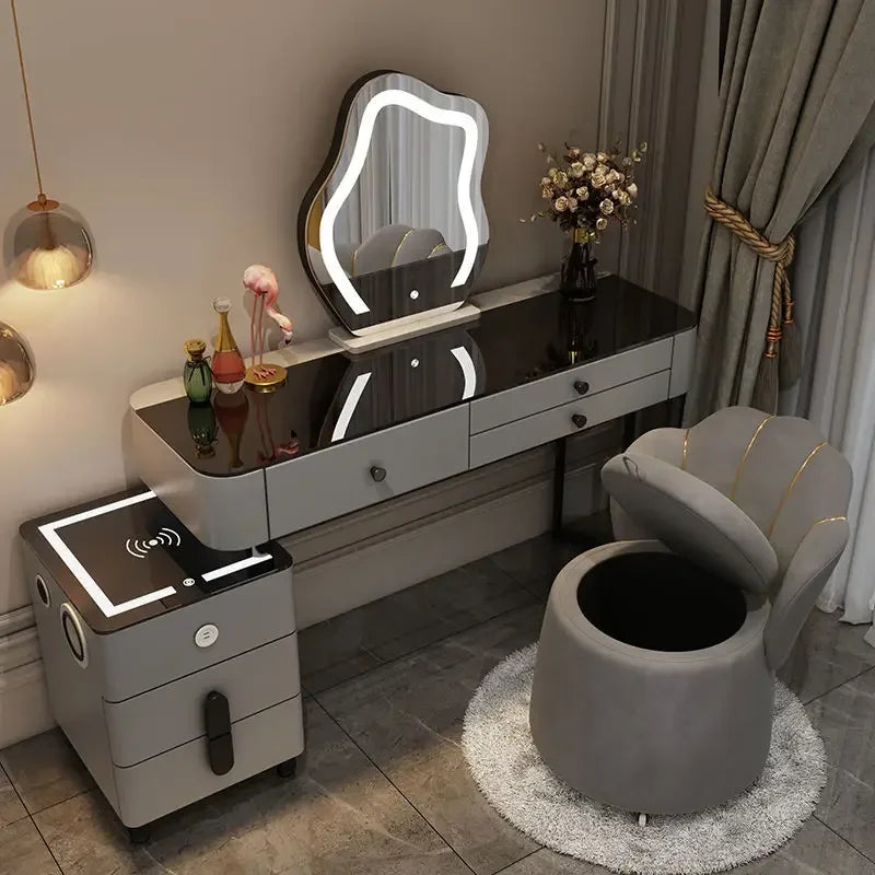 Nordic Glass Luxury Dressing Vanity Table with Smart Wireless Charging