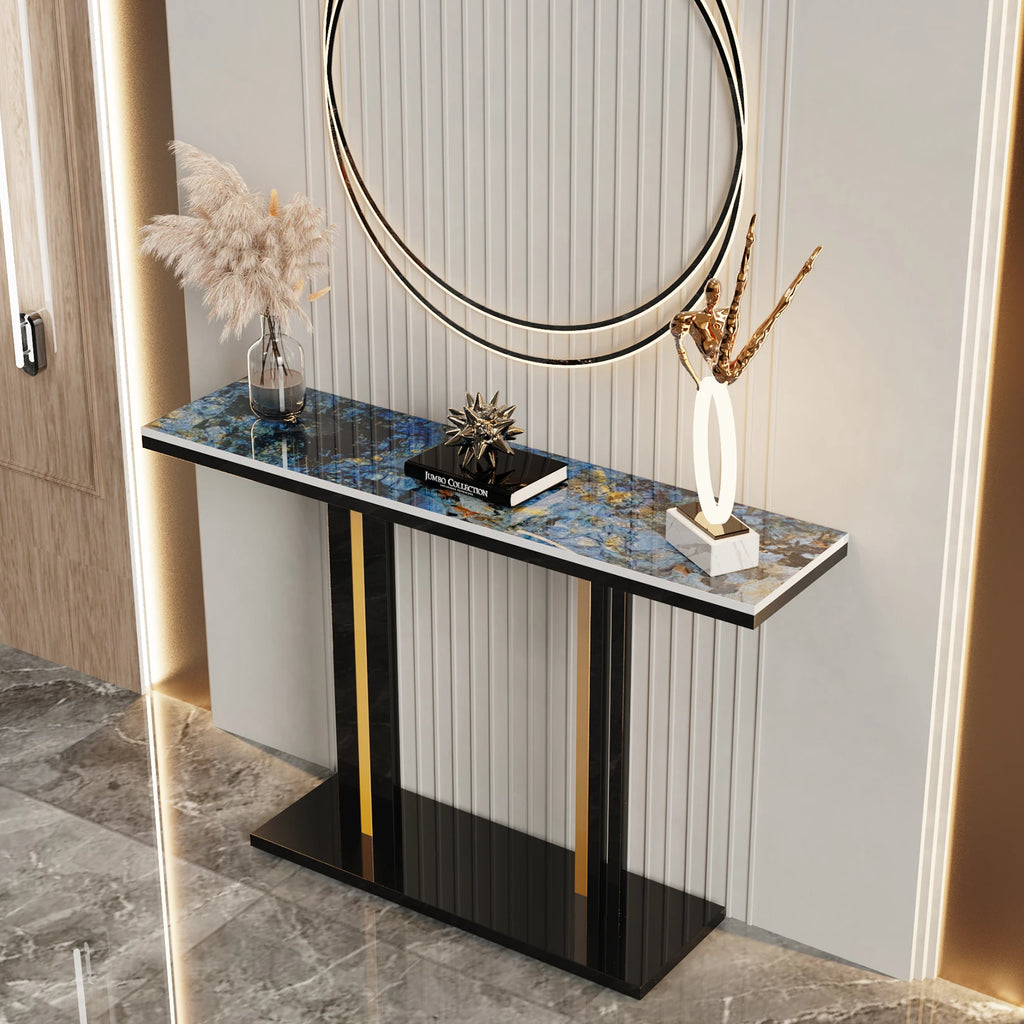 Contemporary Style Console Table with Stone Top and Pedestal Base