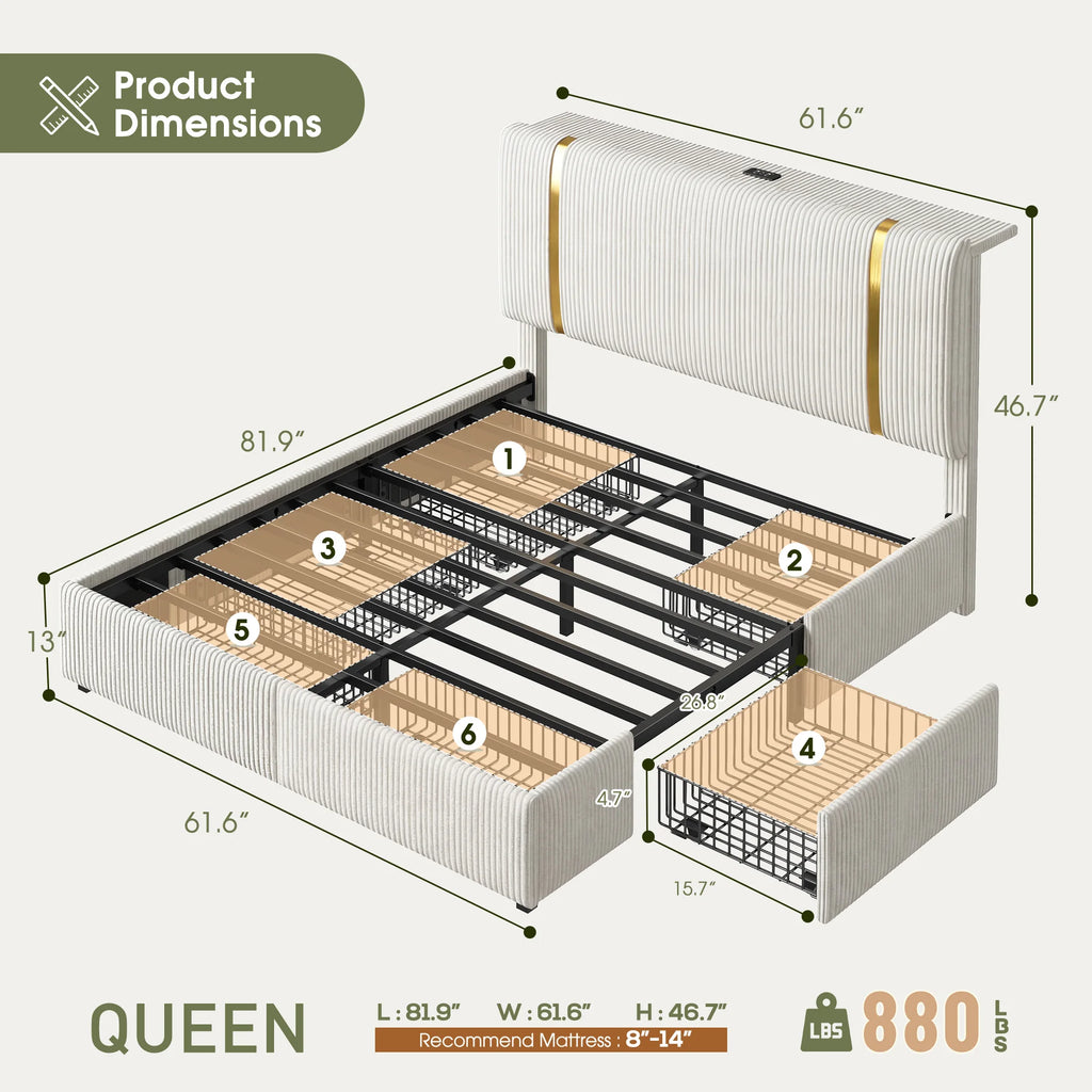 Bed Frame with 6 Storage Drawers, Soft Upholstered with LED Light