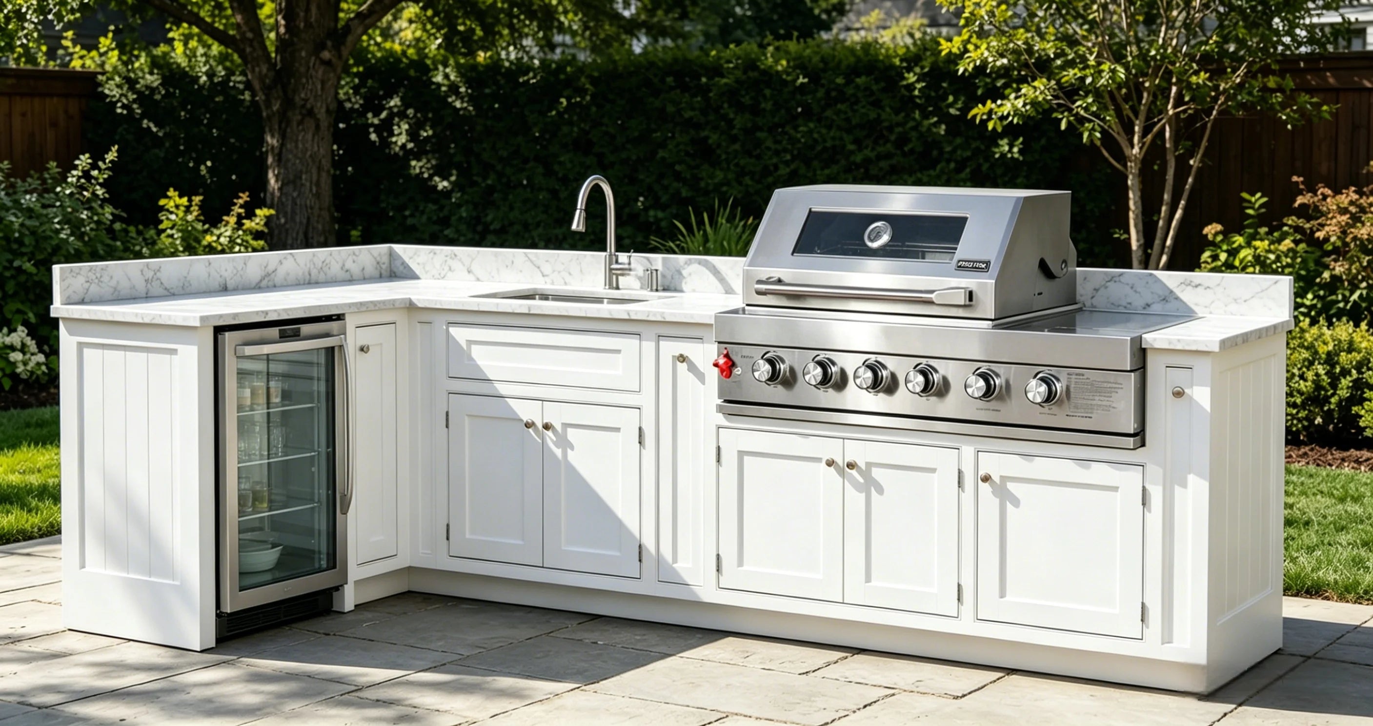 L Shaped Outdoor Kitchen Island Set with Built-in BBQ Grill and Storage Drawers Prefab Patio Cooking Station