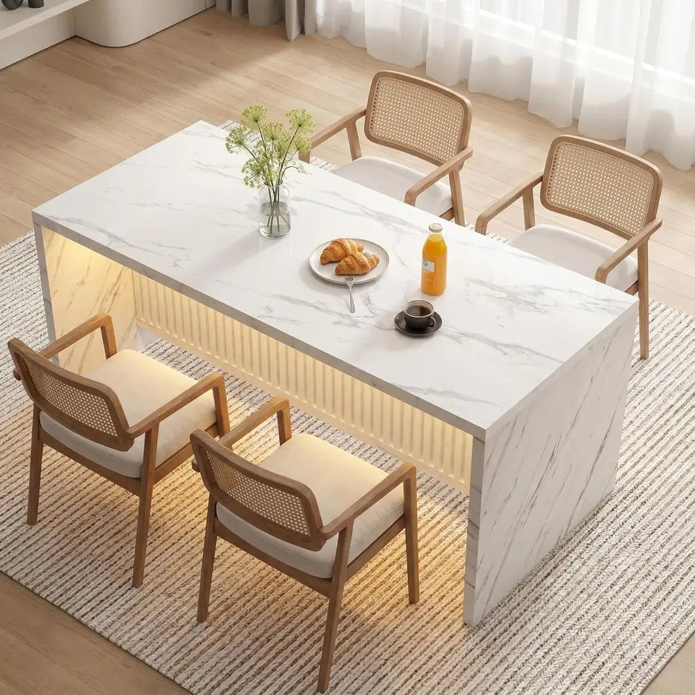 71’’ Large aux Marble Dining Table or 6 People, 37.4’’H Tall ern Kitchen Island with LED Lights, RecKitchen Dining Table or Home