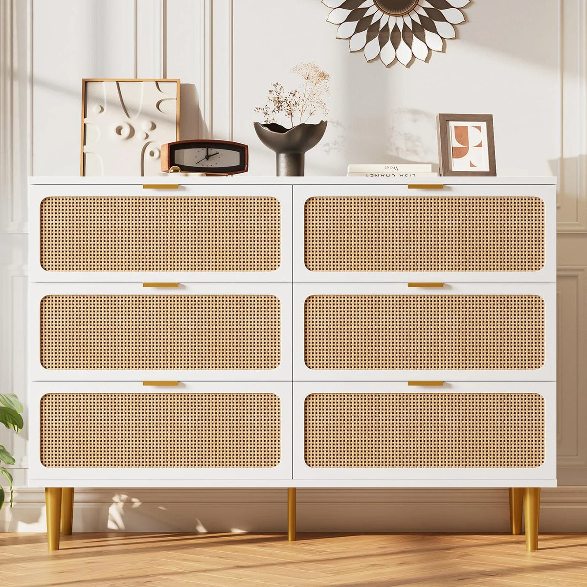 6-Drawer Rattan Dresser, Natural Hand-Woven Rattan & Wood Large Storage Dresser