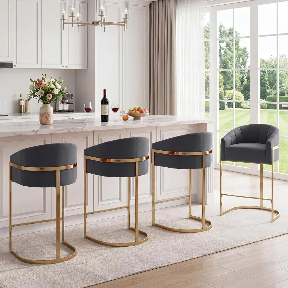 27" Counter Height Bar Stools Set of 2, Gold Velvet Barrel Stools with Back, Gray