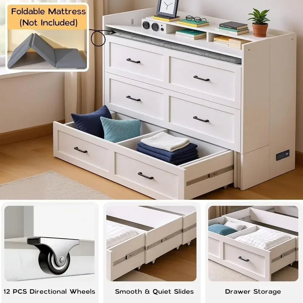 Queen Size Storage & Charging Station Murphy Bed with Motion Sensor Lights, White