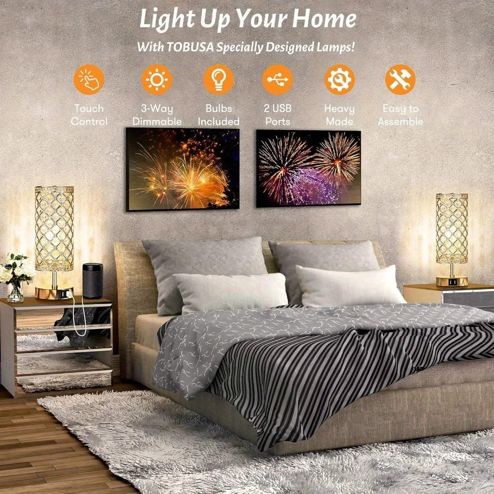 Set of 2 Modern Touch Control Table Lamps with USB- Ports