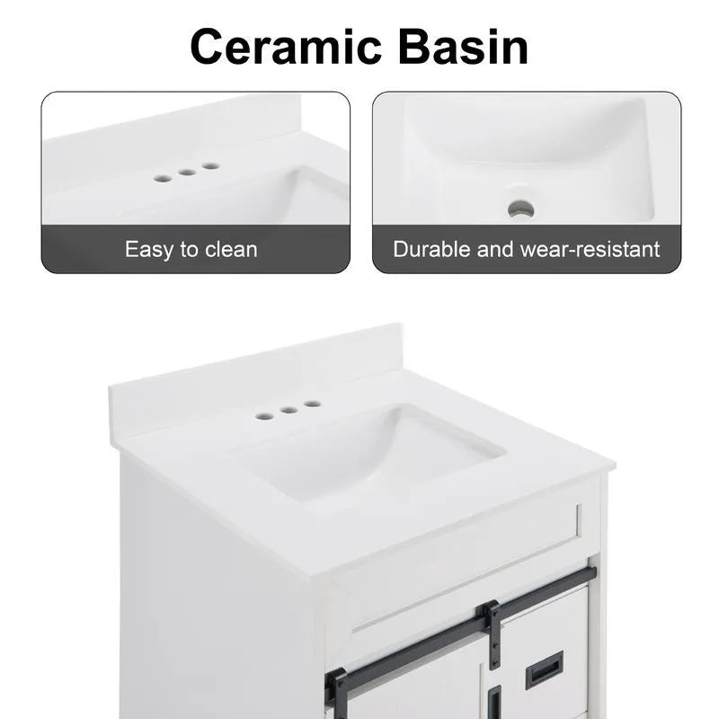 24" Bathroom Vanity with Farmhouse Undermount Bathroom Sink with Sliding Barn Doors
