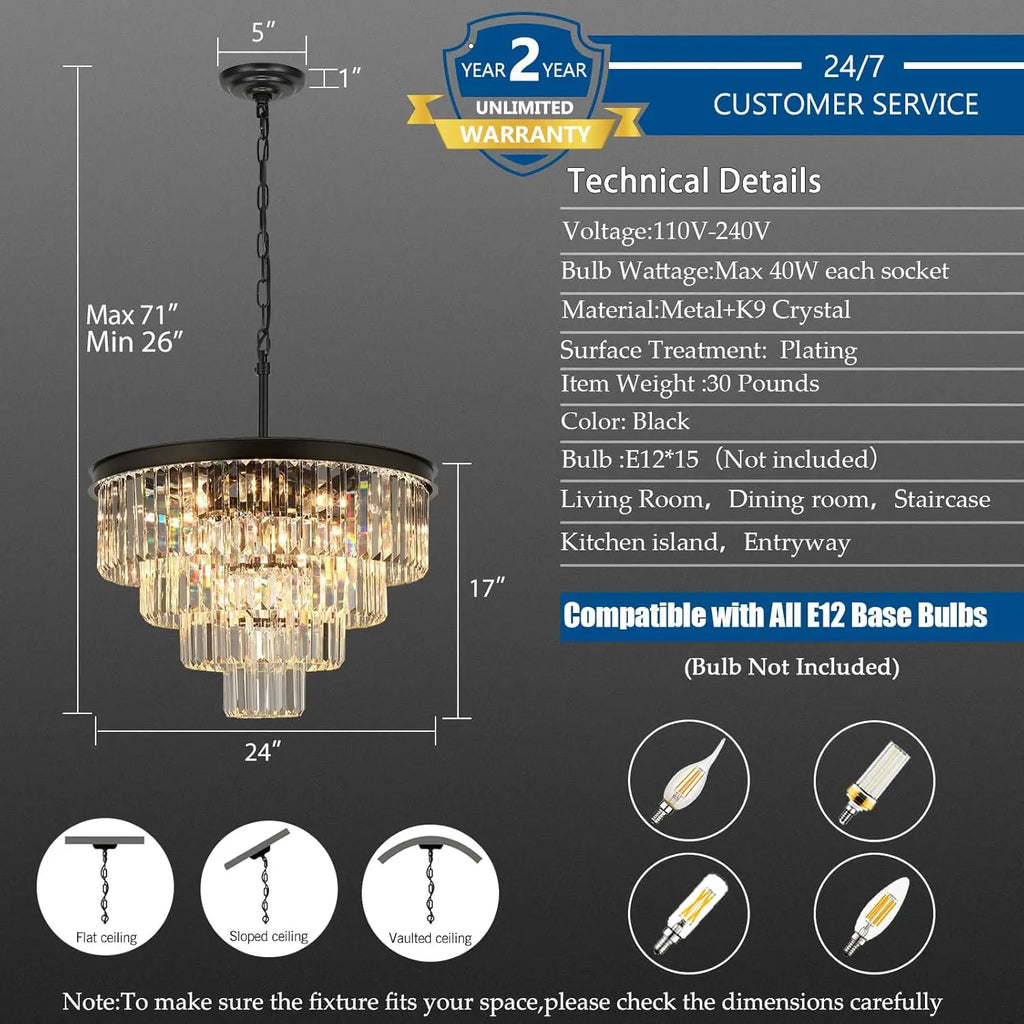 Layered Round Crystal Chandelier 15 Light Black Modern Dining Living Room Bedroom Entryway Kitchen Island 24 Inch