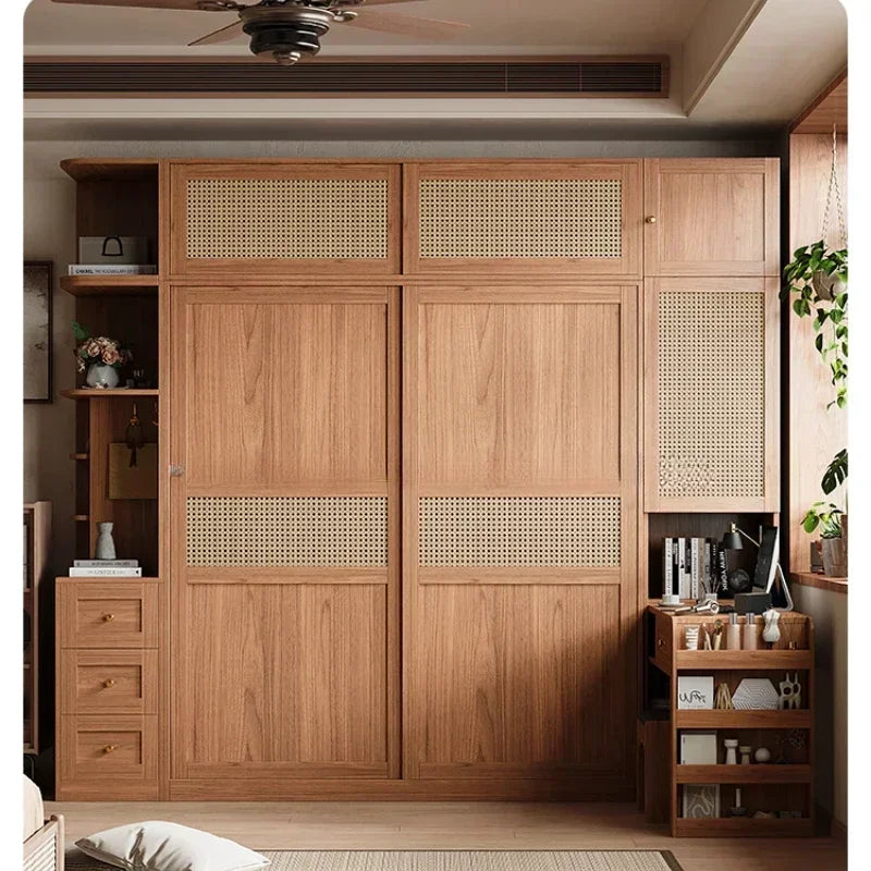 Rattan Armoire Nordic Sliding Door Large Drawers Storage Closet