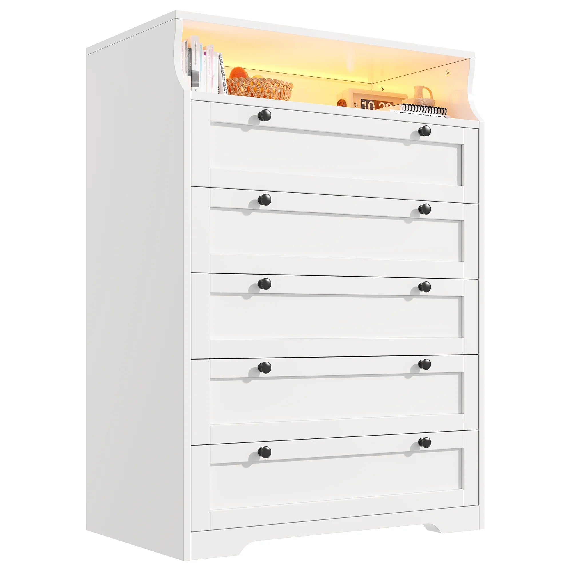 Tall 5 Drawer Dresser with LED Lights and 2 Shelves