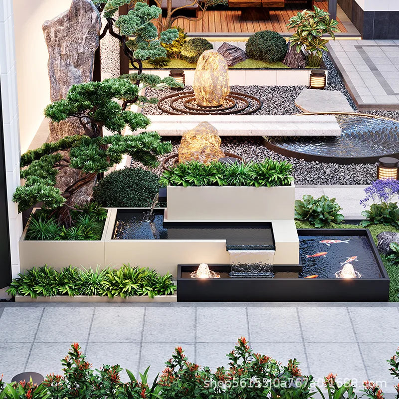 Outdoor flowing water, garden, fish pond, flower bed