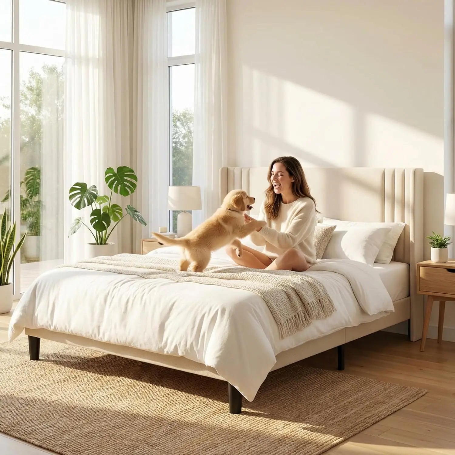 Queen Bed Frame with Wingback Headboard, Upholstered Platform Bed, Wooden Slats, Noise-Free, No Box Spring Needed,, Customized