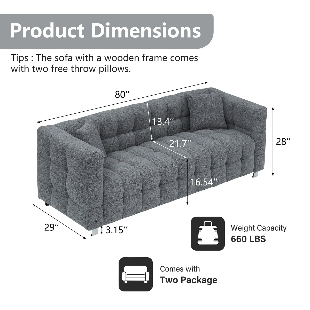 80-Inch Modern Teddy Fleece Sofa, With 2 Cushions 3-Seater