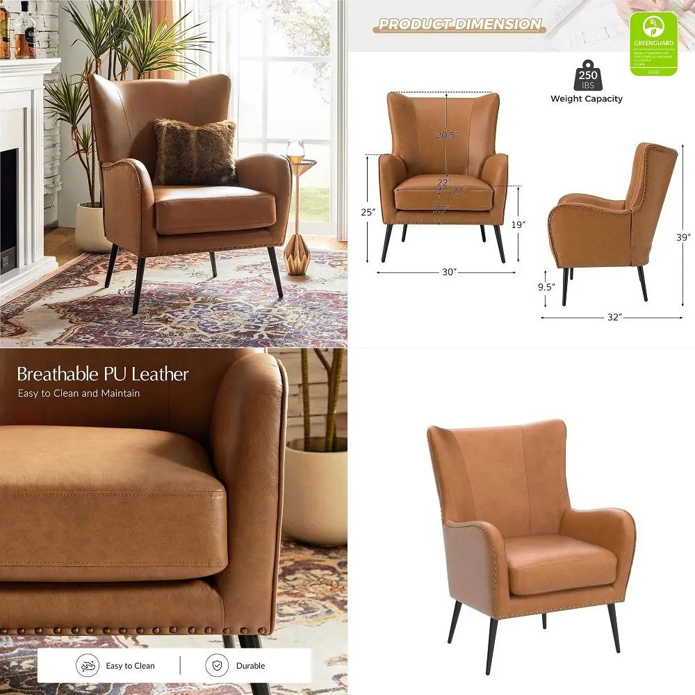 Faux Leather Accent Chair with Removable Cushion, Comfy Upholstered Armchair with Black Metal Legs amp Nailhead Trim Wingback V