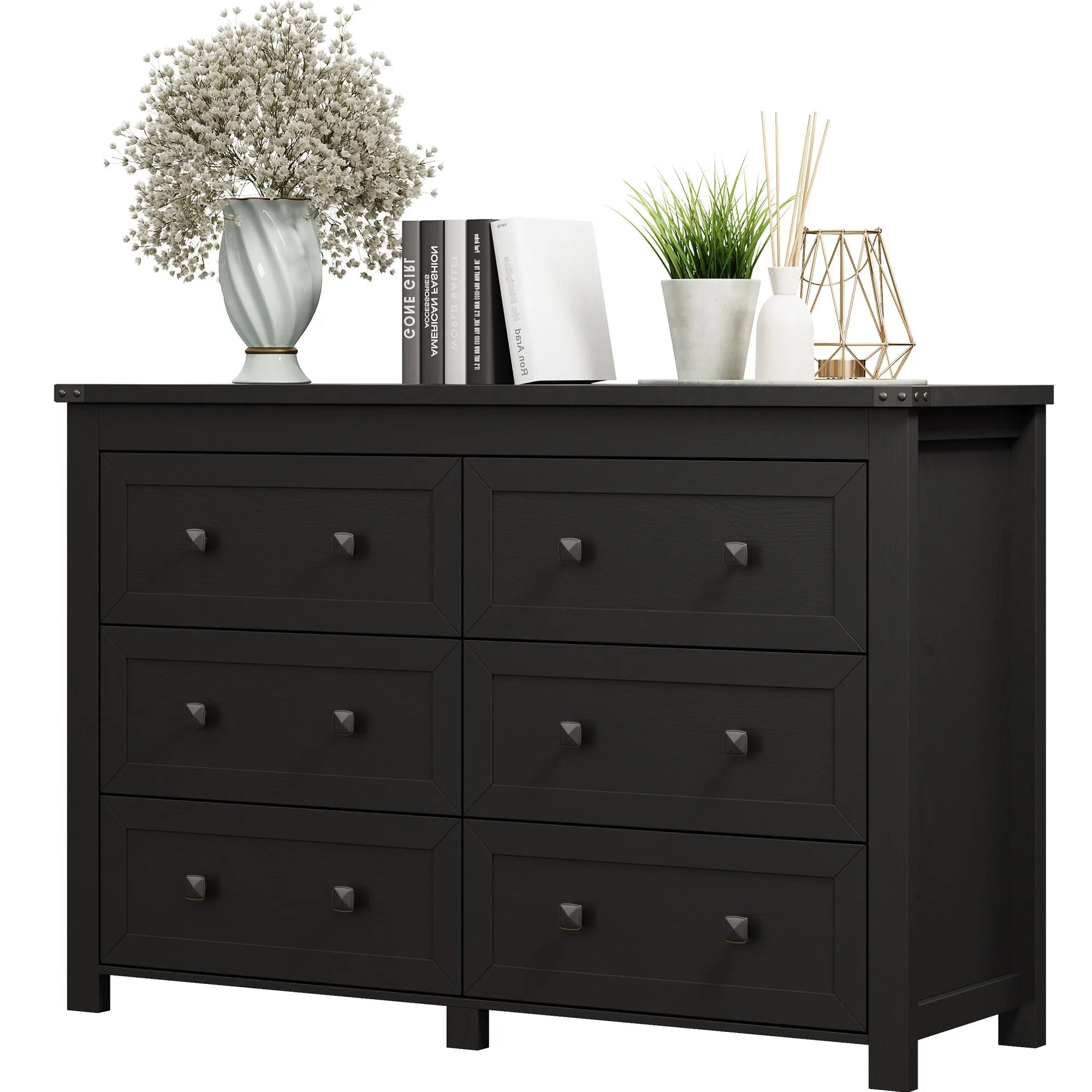 Wood 6 Drawer Dresser, 47" Wide Modern Double Chest of Drawers