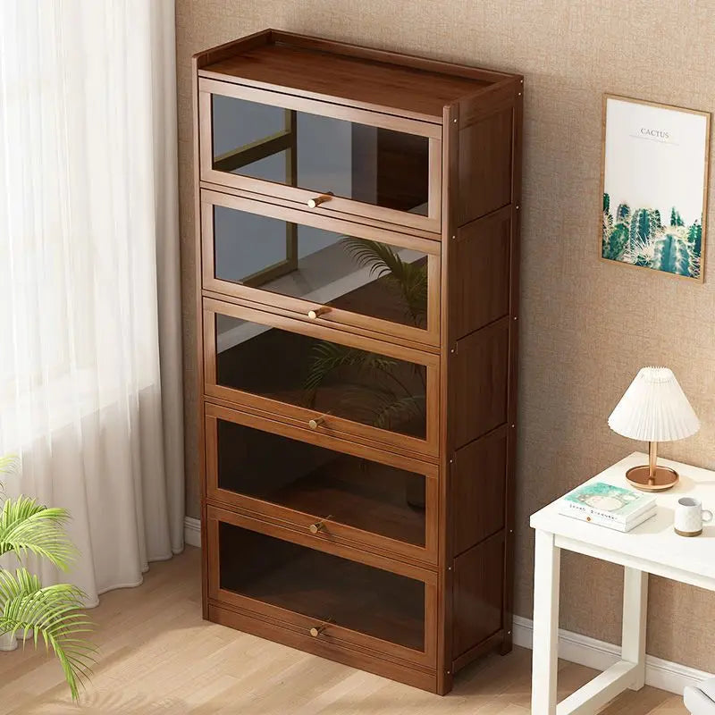 Modern Bamboo Bookshelf Storage Cabinet with Flip Doors 4/5/6 Tier Bookcase