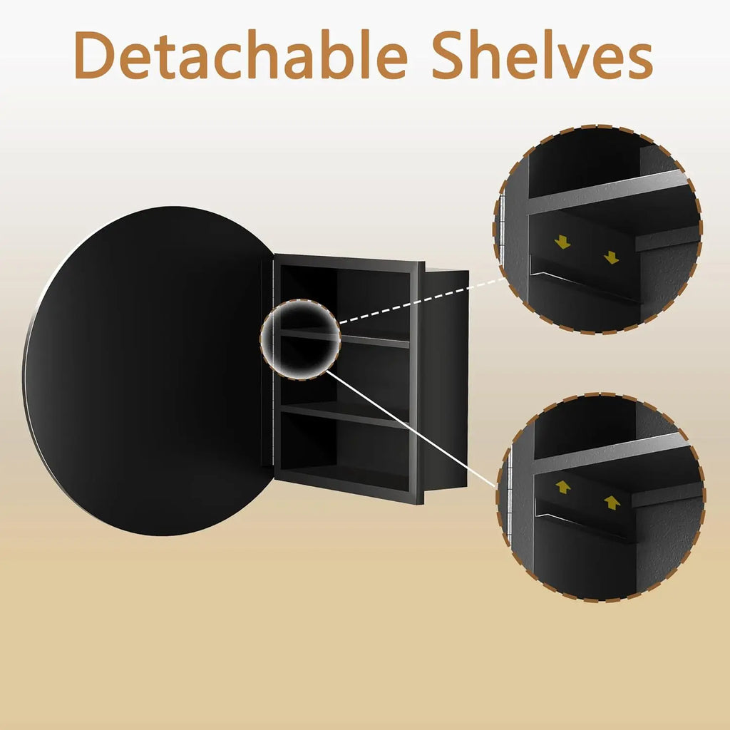 Black 52*12.5cm Round Bathroom Mirror Cabinet