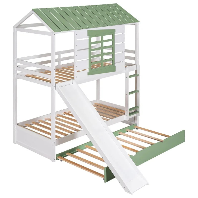White Green Twin Over Twin Bunk Bed with Slide and Trundle
