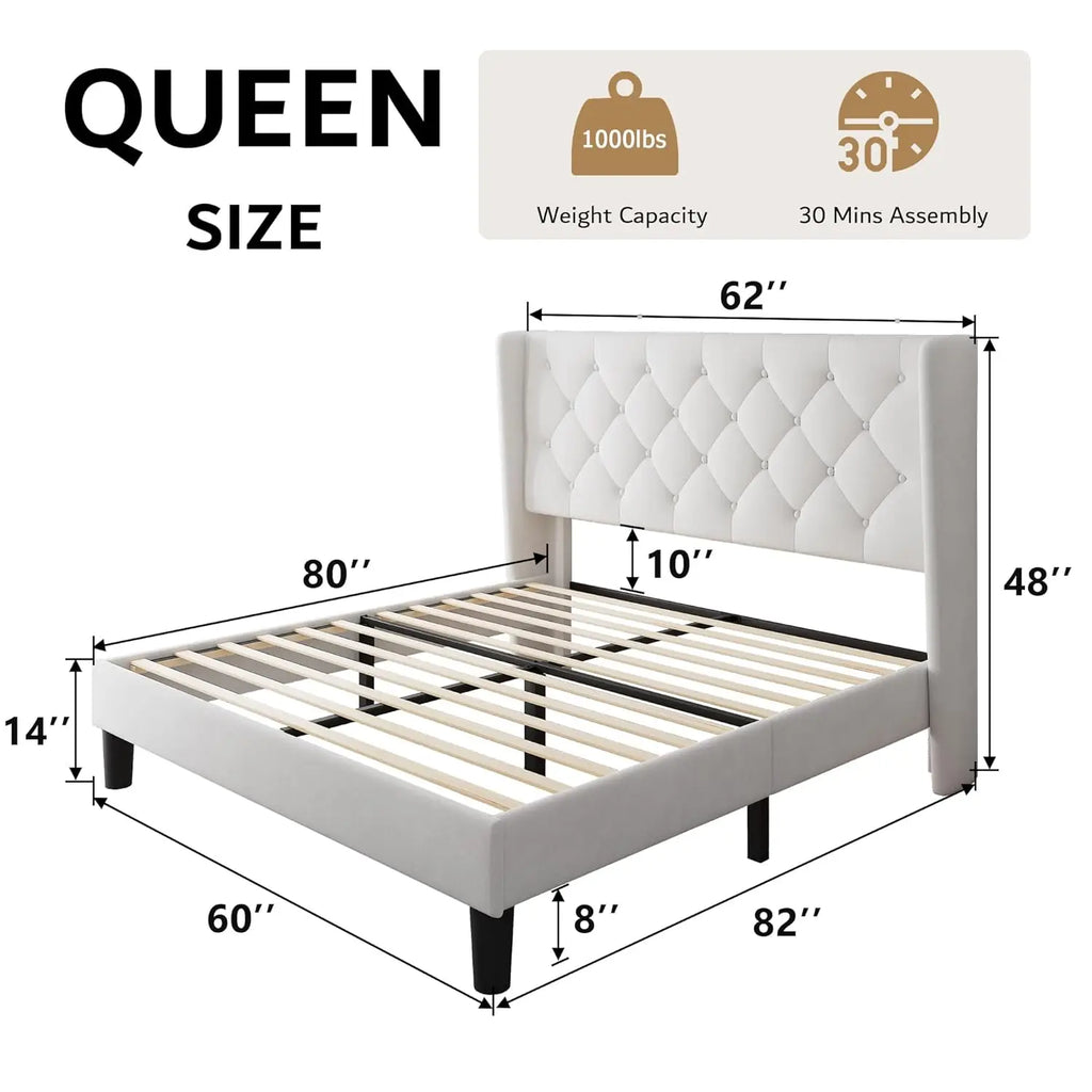 Queen Velvet Platform Bed Button Tufted Upholstered Frame
