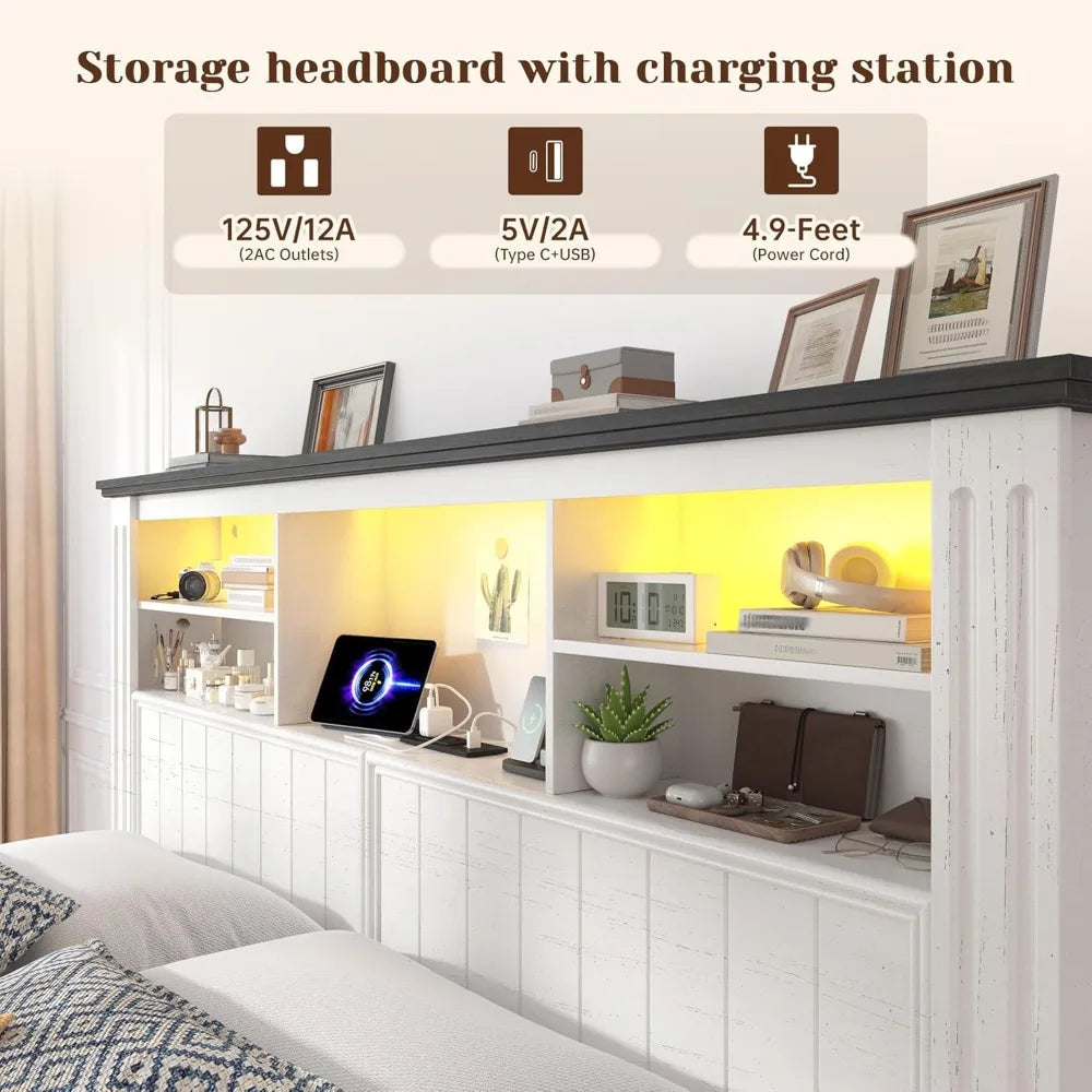 White Queen Bed Frame with Headboard and Storage, LED