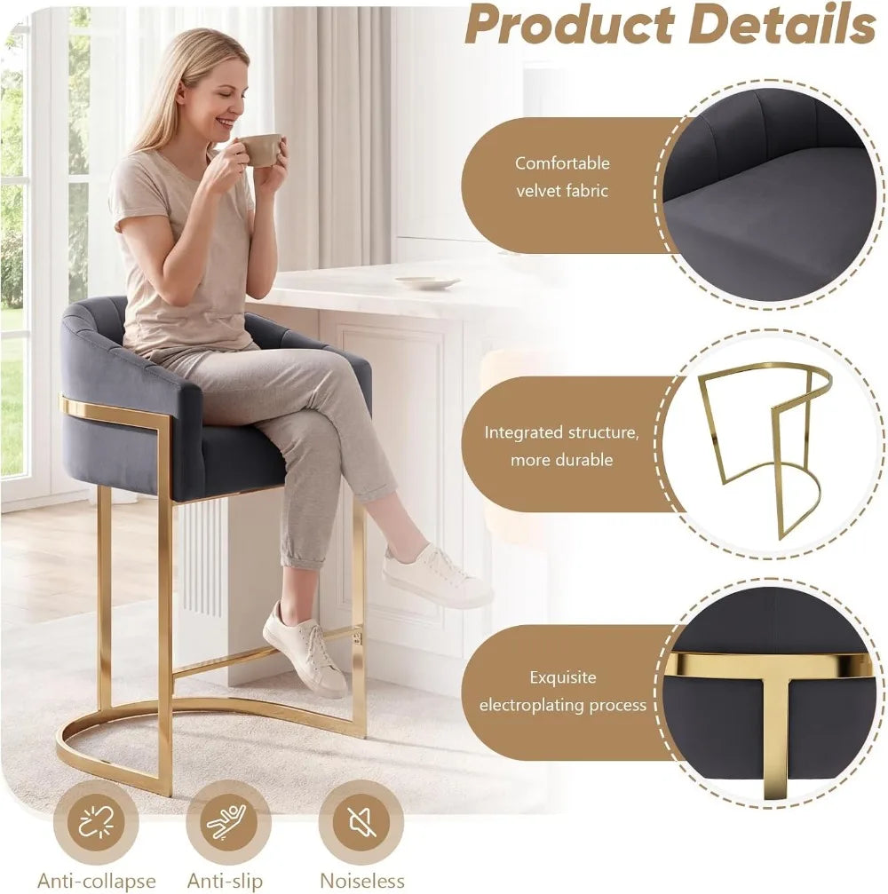 27" Counter Height Bar Stools Set of 2, Gold Velvet Barrel Stools with Back, Gray