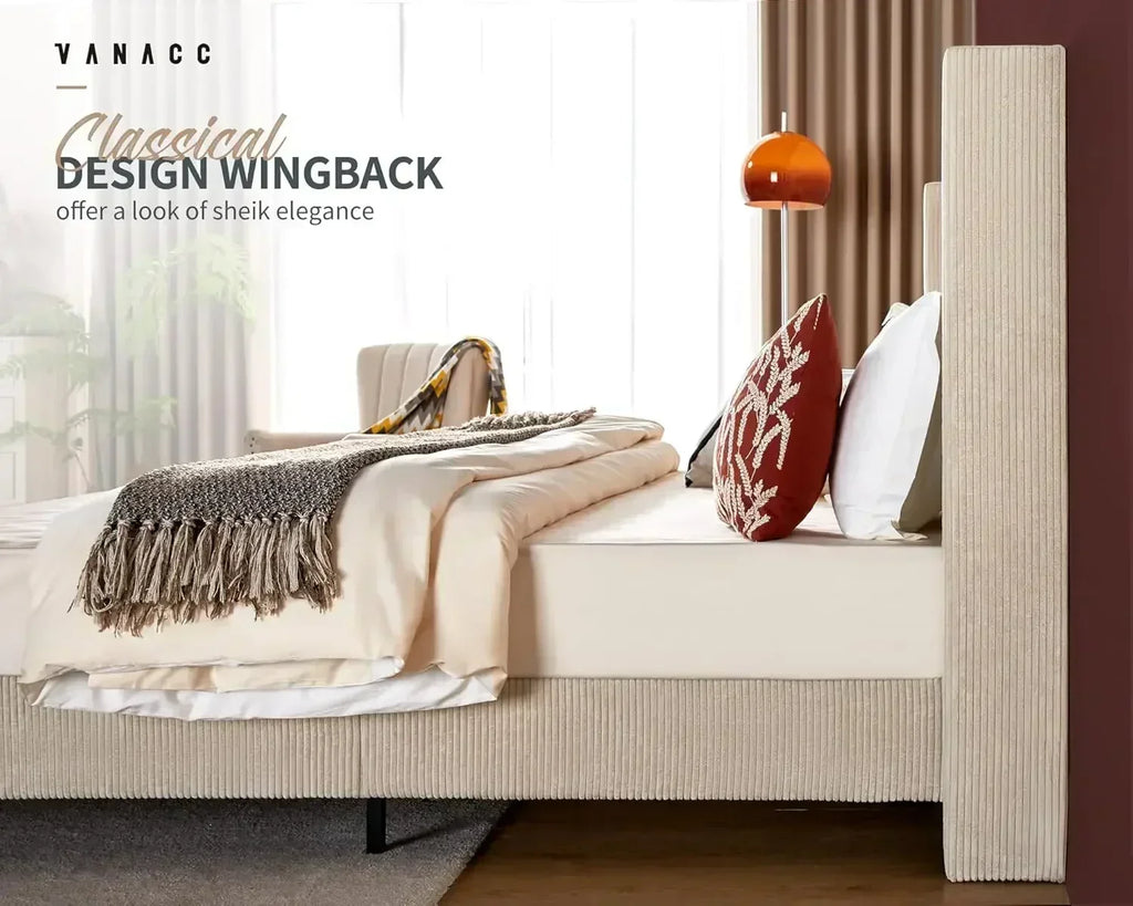 King Size Platform Bed Frame, 50.8" Corduroy Upholstered Bed with Vertical  Slats/Wingback