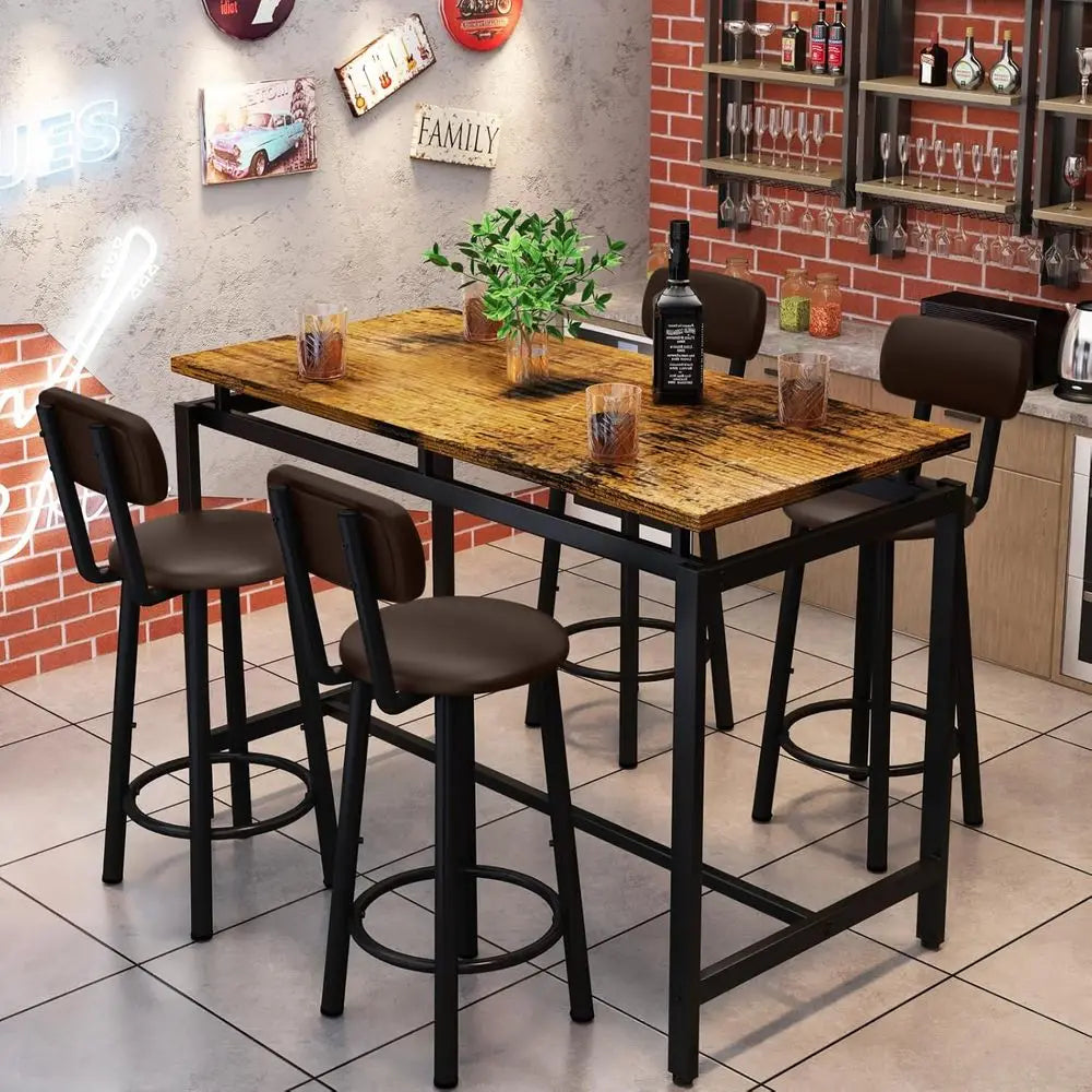 Industrial-Style Counter Height Bar Table Set with 4 Leatherette Stool Chairs, Ideal for Small Spaces