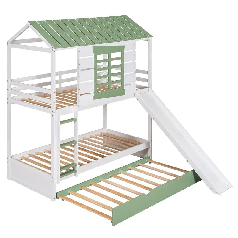 White Green Twin Over Twin Bunk Bed with Slide and Trundle