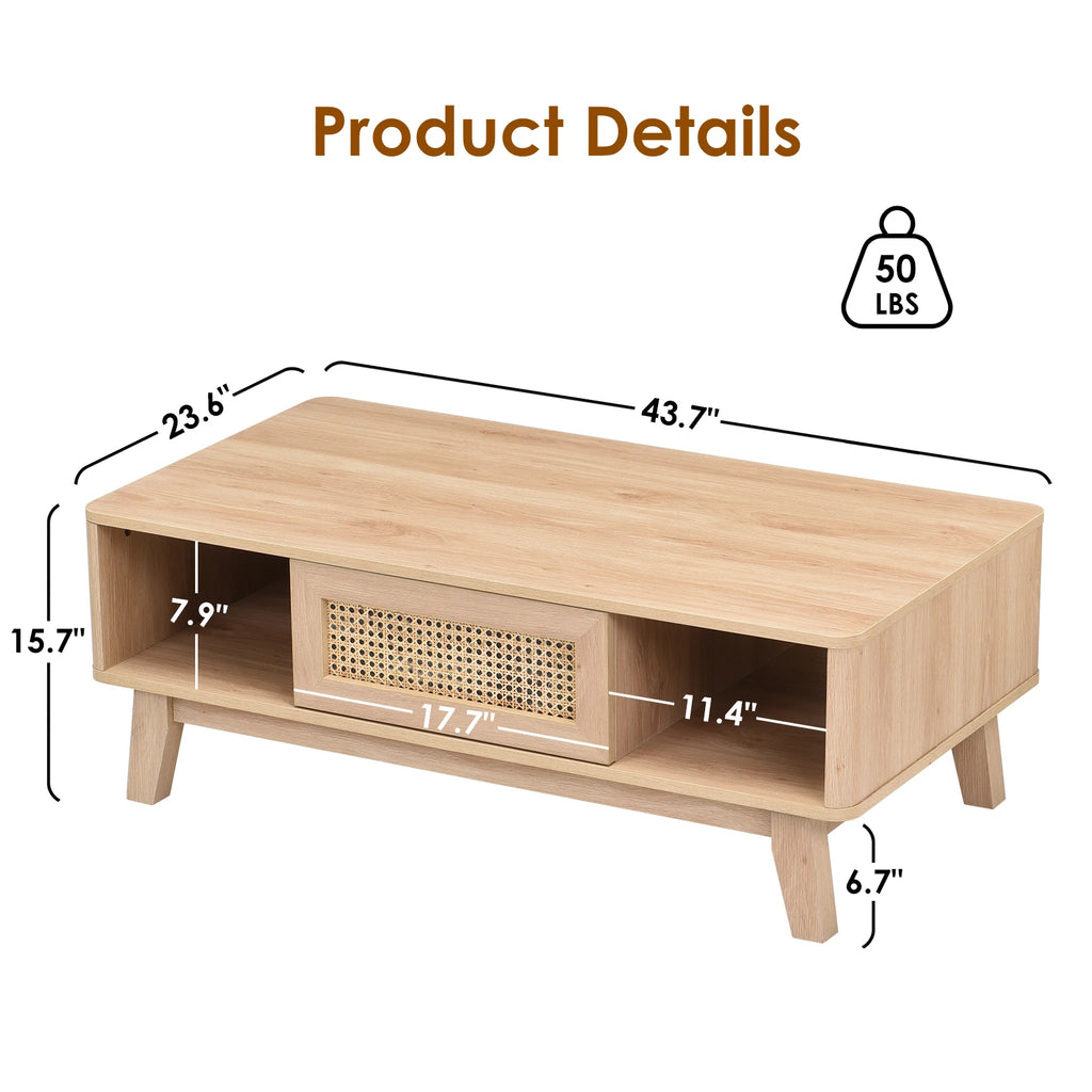 Modern Coffee Table with Rattan Drawer