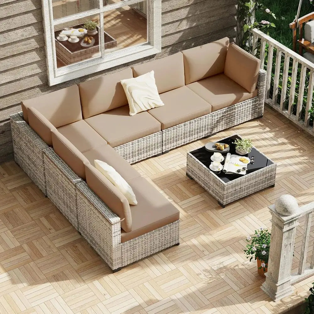 7-Piece Patio Furniture Set, All-Weather PE Rattan Outdoor Sectional Soa, ular Wicker Contion Set with Thick Cushions & Easy-Clea