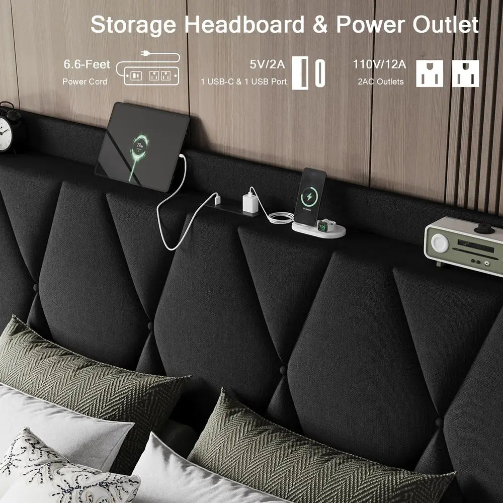 Queen Bed Frame with 4 Storage Drawers and Charging Station
