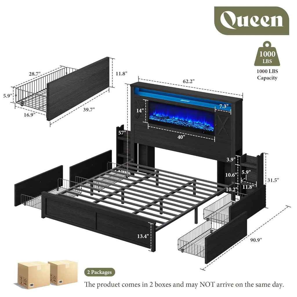 Queen Fireplace Platform Bed with Headboard 4 Drawers RGB LED Charging