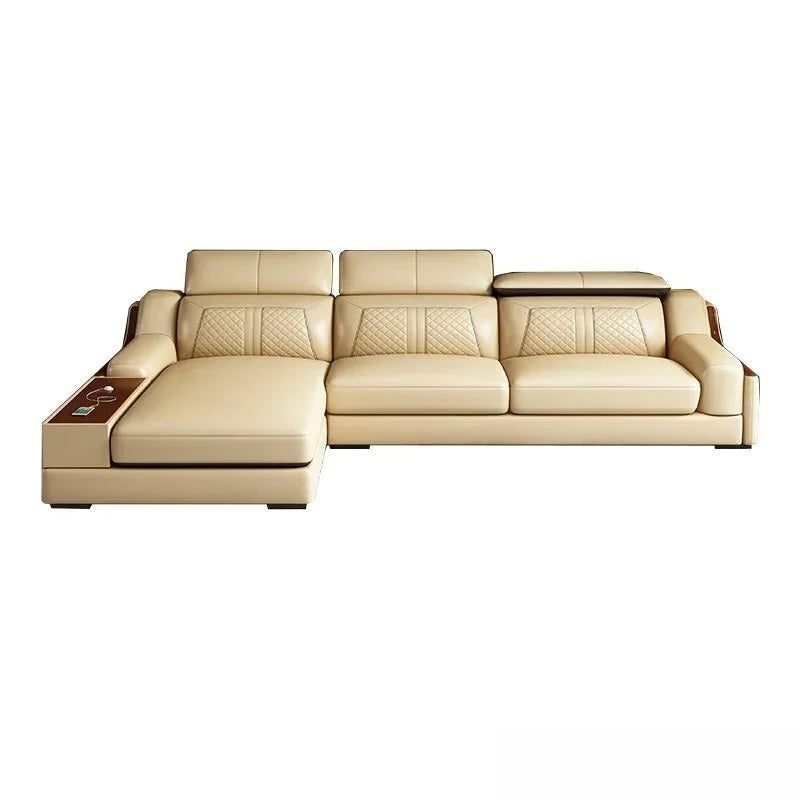 Stylish Italian Genuine Leather Sofa for Living Room with USB, Adjustable Headrests & Bluetooth Speaker