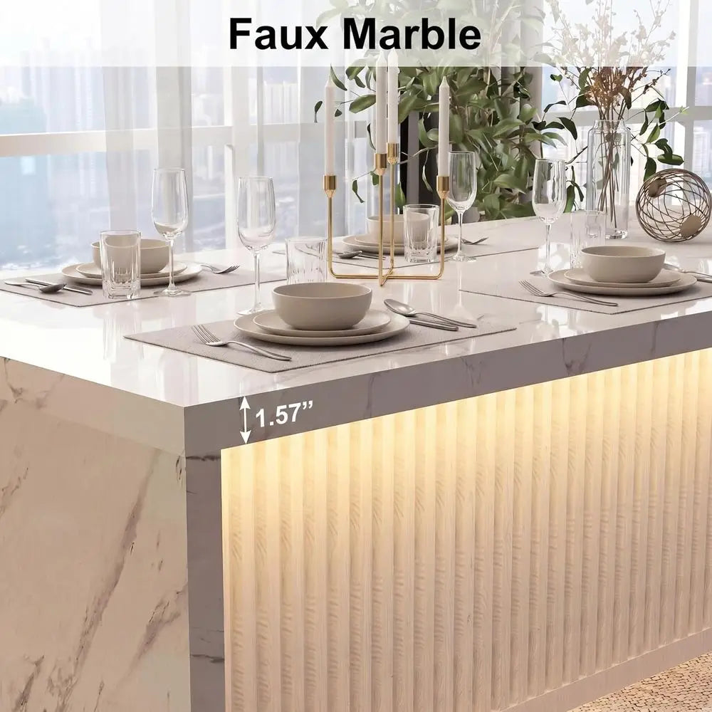 71’’ Large aux Marble Dining Table or 6 People, 37.4’’H Tall ern Kitchen Island with LED Lights, RecKitchen Dining Table or Home