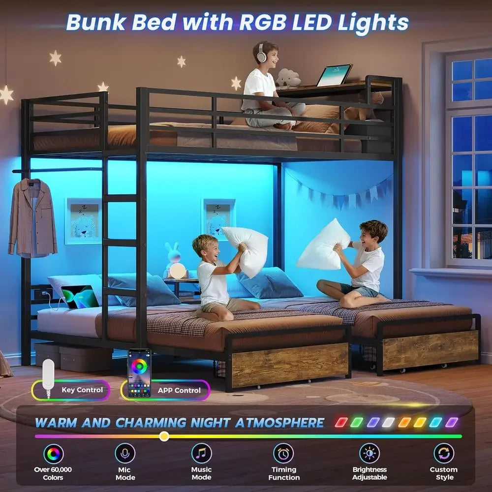 Triple Bunk Bed with Storage Drawers and Charging Station