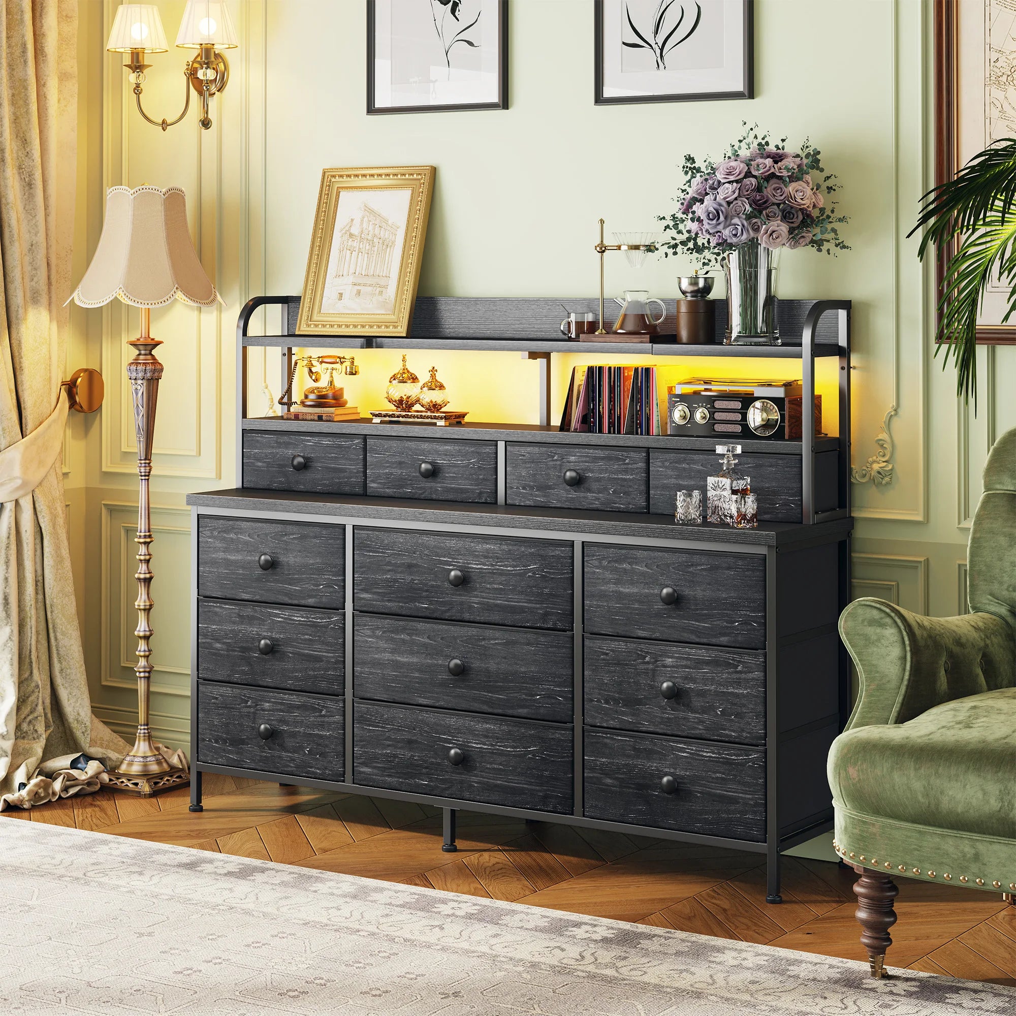 13 Drawer Fabric Dresser with LED Lights and Shelves