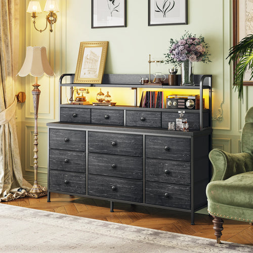 13 Drawer Fabric Dresser with LED Lights and Shelves