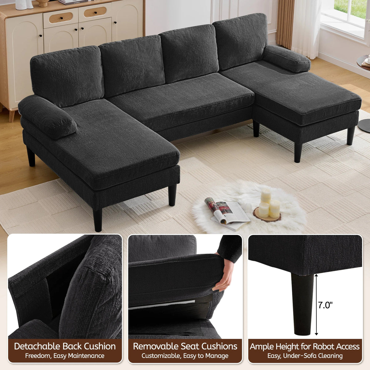 Korser U-Shaped Sectional Sofa 4 Seater Lounge Sleeper with Removable Cushions