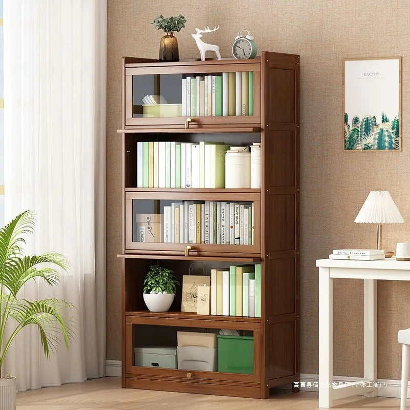 Modern Bamboo Bookshelf Storage Cabinet with Flip Doors 4/5/6 Tier Bookcase
