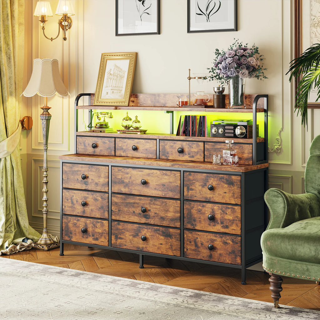 13 Drawer Fabric Dresser with LED Lights and Shelves