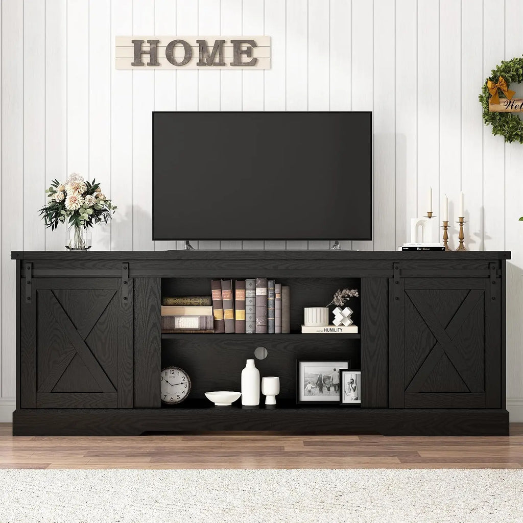 Farmhouse TV Stand 70/75/80 Inch, Entertainment Center With Sliding Barn Doors, Storage Console Living Room, Black, Customized