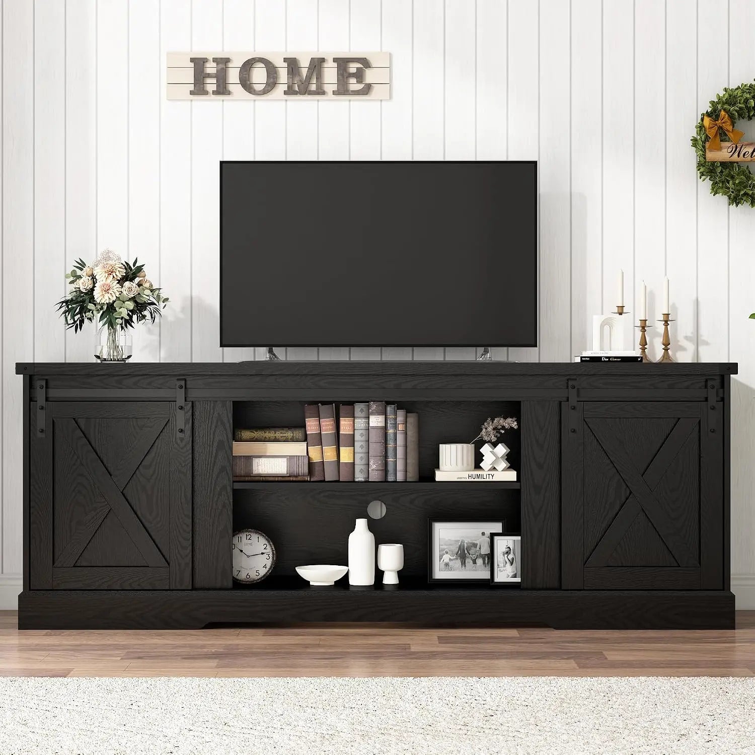 Farmhouse TV Stand 70/75/80 Inch, Entertainment Center With Sliding Barn Doors, Storage Console Living Room, Black, Customized