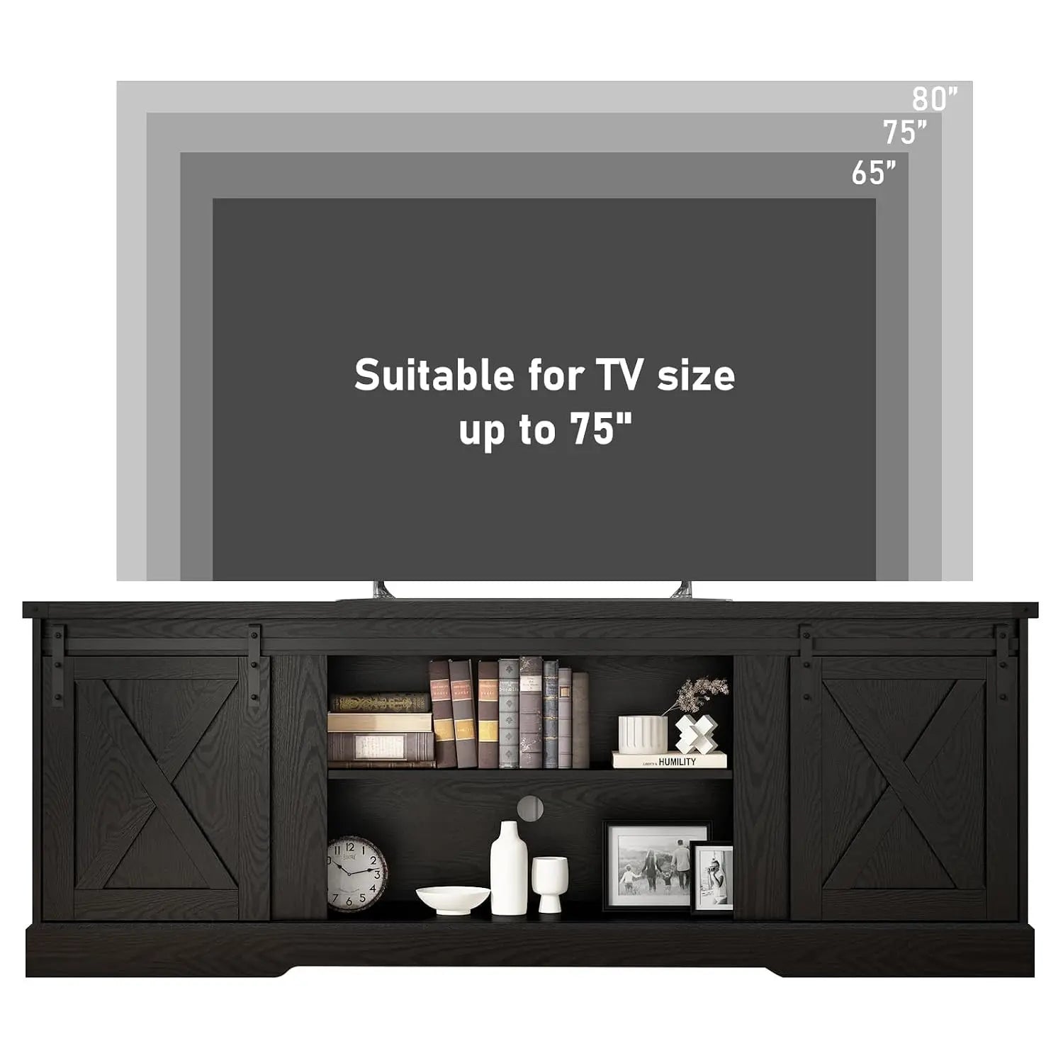 Farmhouse TV Stand 70/75/80 Inch, Entertainment Center With Sliding Barn Doors, Storage Console Living Room, Black, Customized