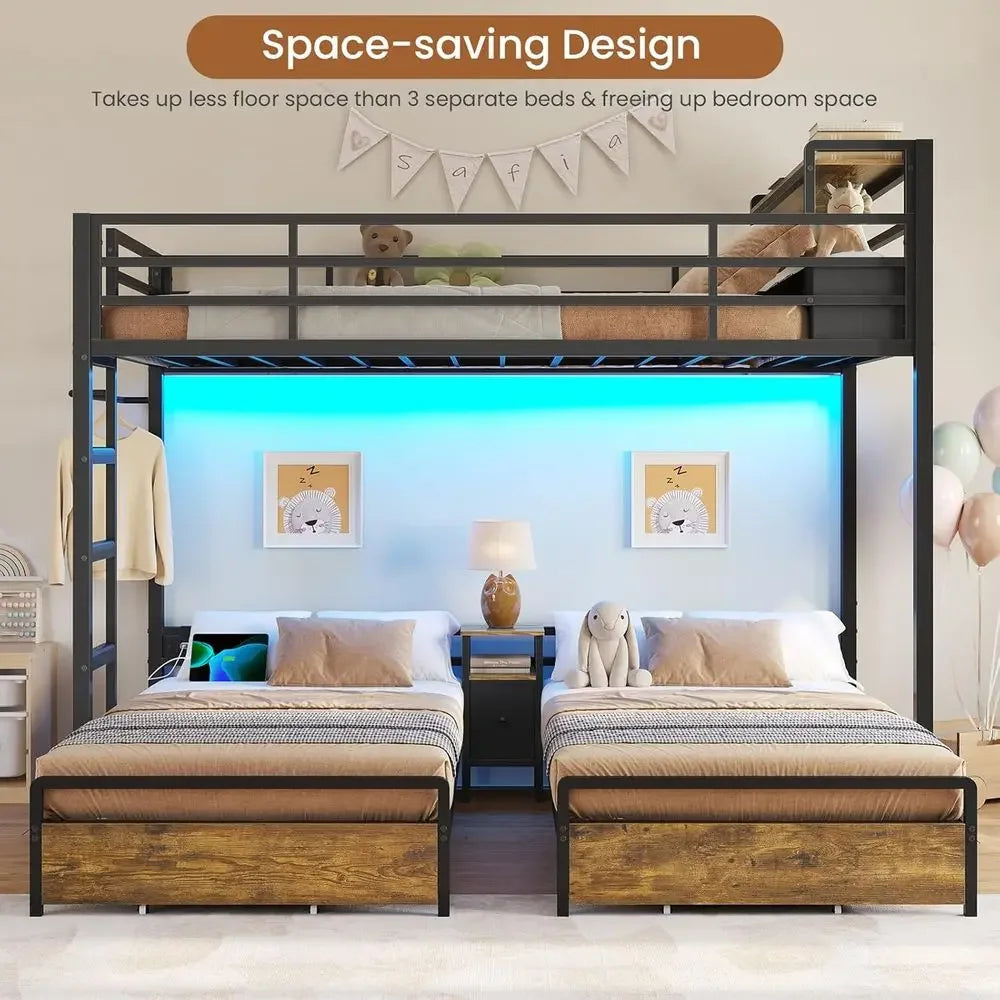 Triple Bunk Bed with Storage Drawers and Charging Station