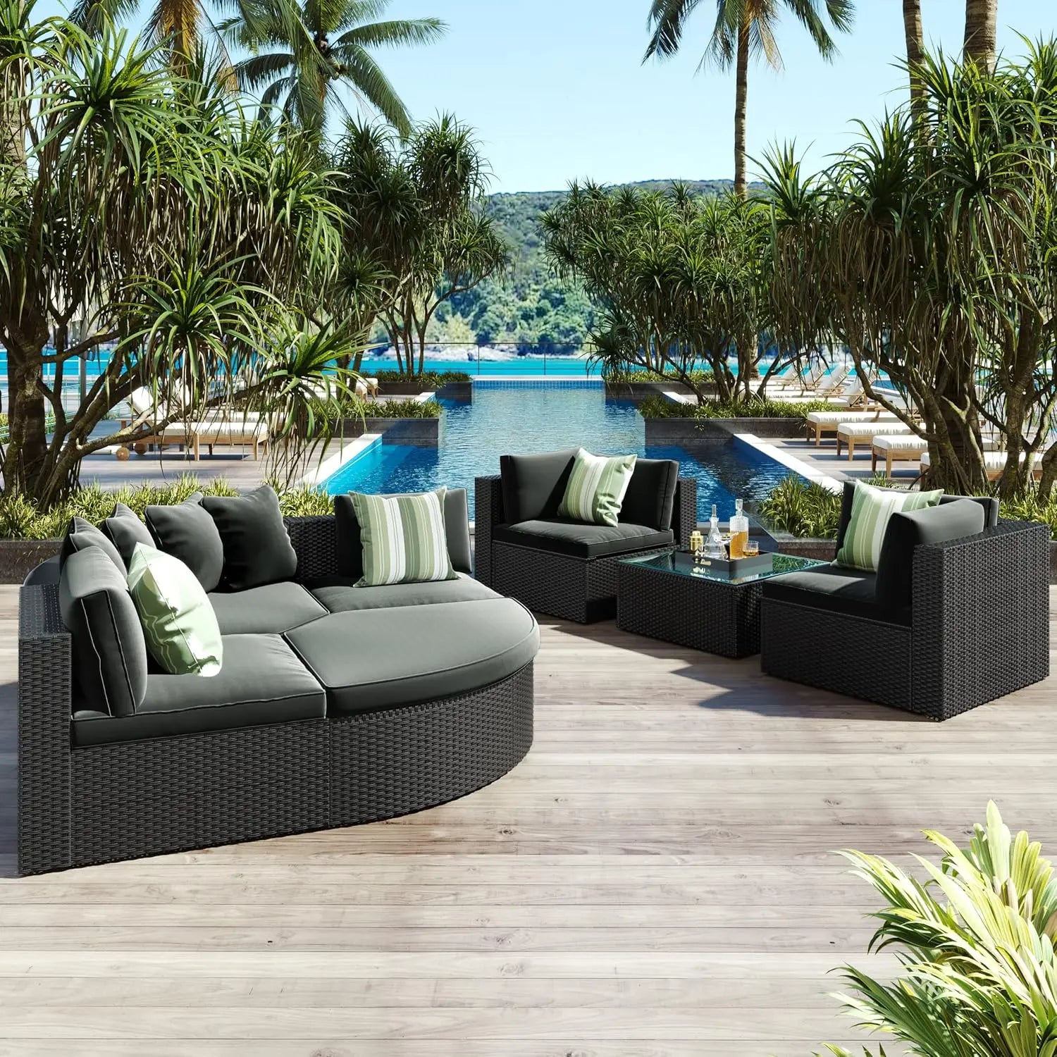 Acacia Wood Half-Moon Outdoor Sofa Set